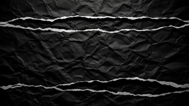 Dark crumpled paper background featuring four jagged horizontal rips revealing white edges creating two distinct narrow parallel strips