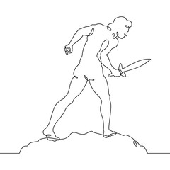 Continuous one line drawing Muscular man with a sword in his hand. Silhouette of a warrior. One continuous line isolated minimal illustration.Not AI.