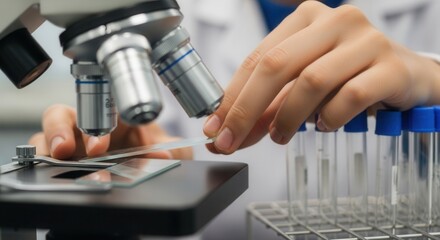 Close-up of scientist using microscope in laboratory for medical research and scientific exploration