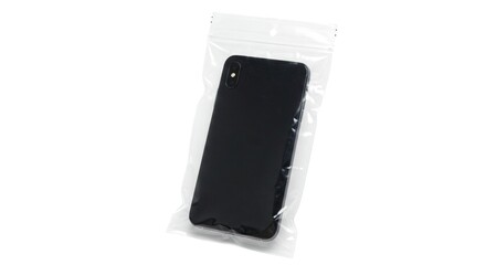A black smartphone inside a clear transparent plastic bag with a hanging hole