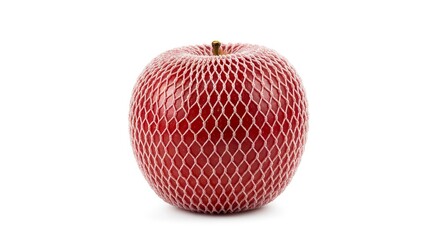A red apple is encased in a white protective net against a white backdrop