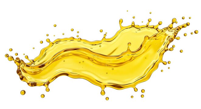 A splash of golden liquid seemingly oil with droplets against a white background