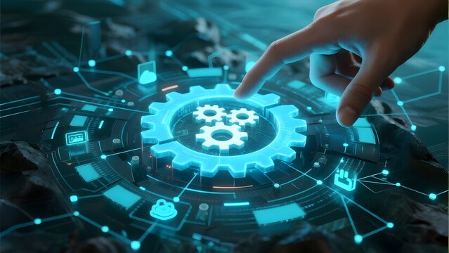 Hand interacting with a digital gear interface, symbolizing technology and innovation.