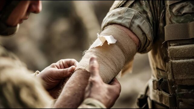 Paramedic bandaging arm of injured soldier on battlefield