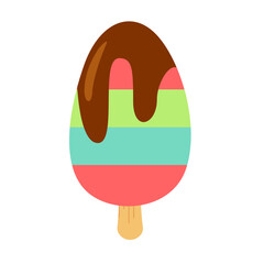 Colorful chocolate-drizzled egg with layered pastel colors on a white background