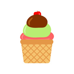 Colorful ice cream cone with cherry on top, showcasing vibrant flavors against a plain background