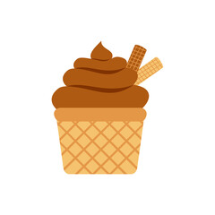 Delicious chocolate soft serve ice cream in a waffle cone with decorative wafer sticks