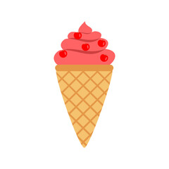 Colorful ice cream cone topped with cherries, set against a simple white background