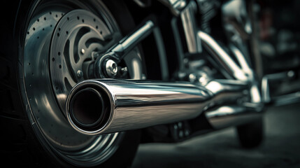 Obraz premium Chrome motorcycle exhaust close-up showing polished metallic surface, curved design, and detailed reflections under bright studio lighting.