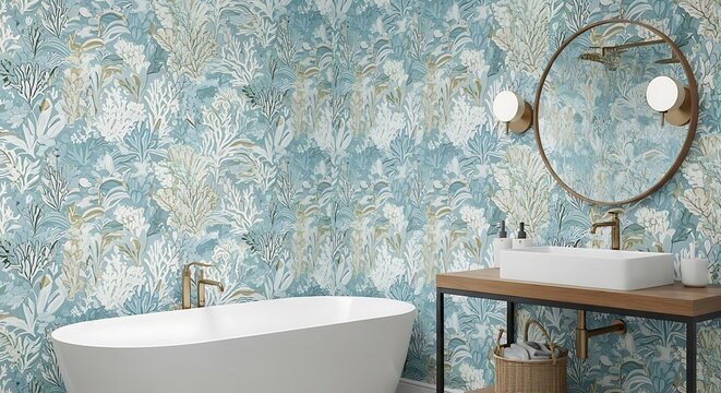 Bathroom interior with blue floral wallpaper and bathtub - Powered by Adobe