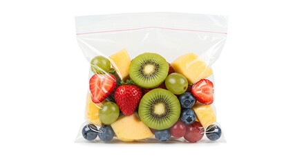 Assorted fruit pieces fill a clear resealable plastic bag