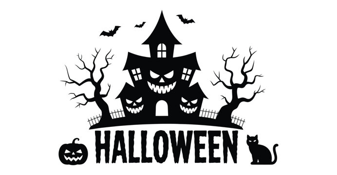 Halloween illustration with haunted house, twisted trees, bats, jack-o'-lantern, black cat, and bold text, perfect for spooky seasonal design