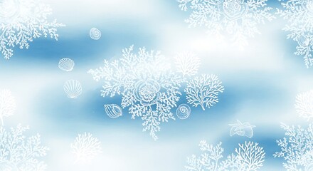 Abstract snowflakes falling on a soft blue and white background