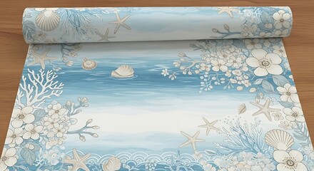 Rolled fabric with blue ocean and coral reef pattern