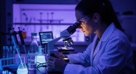 Dedicated female scientist engrossed in meticulous microscopic analysis in a high tech lab setting