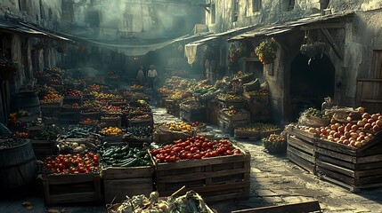 Bustling Medieval Market Produce Crates Fill a Cobblestone Street.