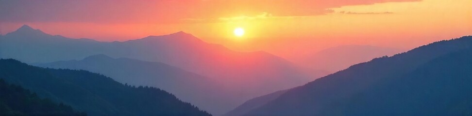 Obraz premium Serene sunrise over a misty mountain range, conveying a sense of spiritual peace and tranquility Perfect for meditation, yoga, or mindfulness themes , nature, cosmic