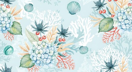 Watercolor floral and seashell pattern with blue hydrangeas