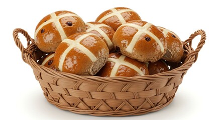 Baked buns fill a woven basket adorned with white crosses and glossy surfaces