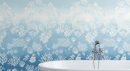 Bathroom wallpaper with blue ombre and coral reef pattern