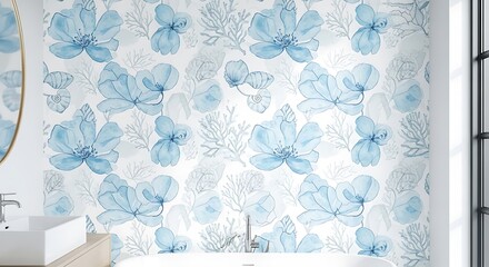 Watercolor blue floral pattern on white background