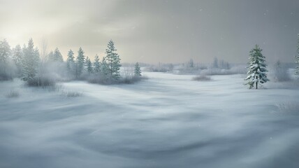 Misty winter landscape with snow covered trees and soft light filtering through the clouds
