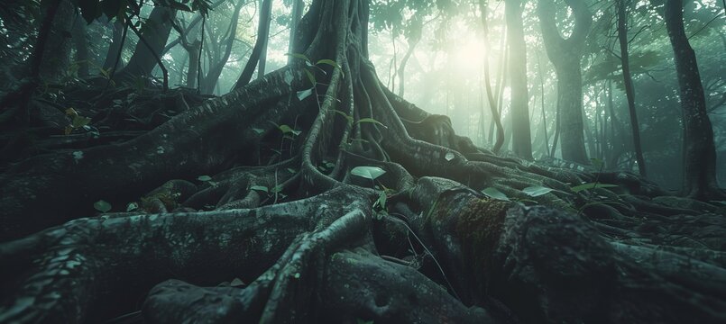 Ancient jungle ruins covered in lush moss and twisting vines of nature s embrace