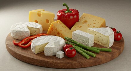 Cheese assortment on a round wooden board featuring various cheeses red pepper asparagus and tomatoes