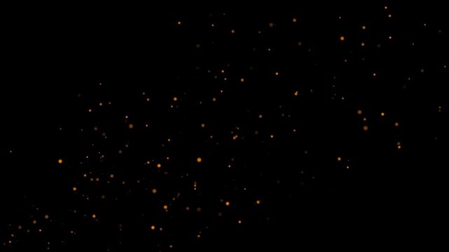 Glowing orange embers floating gently on dark black background. Abstract fire bokeh on smoke background 4k. Particles flying in wind on fire background Animation, Seamless loop. Sparks on a black.