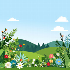 Obraz premium Wildflower meadow green hills blue sky cartoon style summer daylight copy space cheerful mood