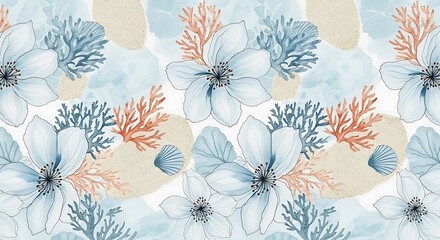 Watercolor floral and coral pattern with blue and beige tones