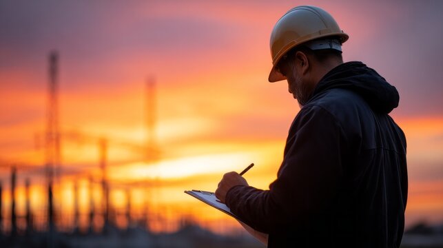 Energy engineer inspecting substation at sunset while documenting findings and monitoring equipment