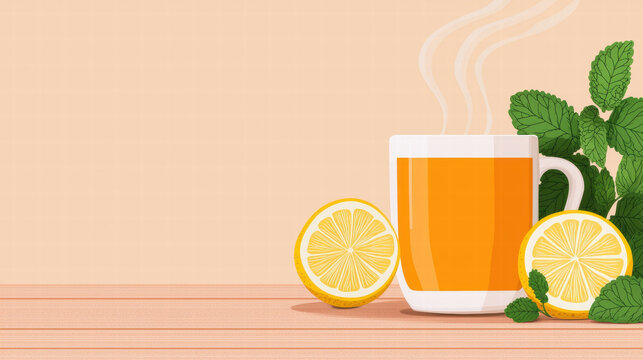 Hot lemon tea citrus mint steam cup wooden table cozy morning vibe refreshes mood