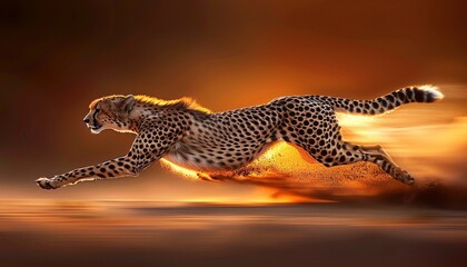 Naklejka premium Graceful cheetah sprinting rapidly across vast grasslands in pursuit of its next meal.