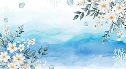 Watercolor floral and coral background in shades of blue and white