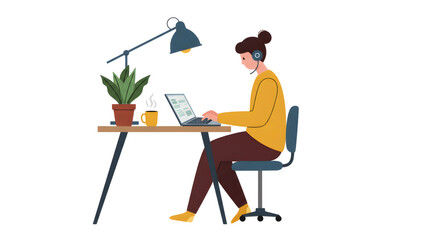 Work from home concept with modern person using laptop in cozy room with plants and coffee cup flat vector illustration