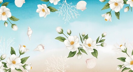 Summer floral pattern with shells and coral on beach background