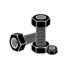 Close up of two bolts with nuts and a single nut on white background