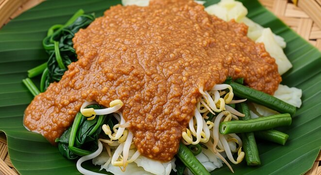 a traditional Indonesian dish, pecel or lotek, served on a woven bamboo plate lined with a fresh green banana leaf

