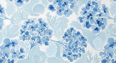 Blue hydrangea floral pattern with shells and coral background