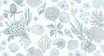 Seaside botanical pattern with shells and hydrangeas