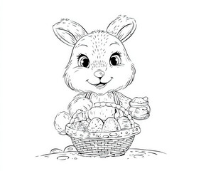 Bunny with a basket of eggs , coloring page for kids, simple outline illustration. Coloring book.