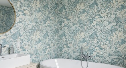 Blue and white floral wallpaper in a modern bathroom with bathtub