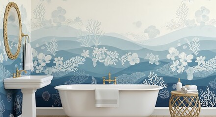 Bathroom with blue ombre wallpaper and white bathtub and sink