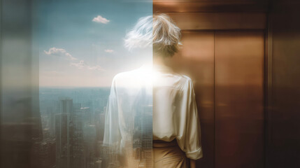 Double exposure background: elevator doors opening to reveal career growth