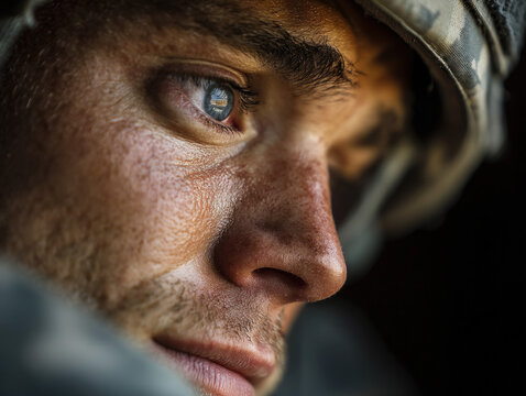 Cute or serious scene of a young soldier or army recruit