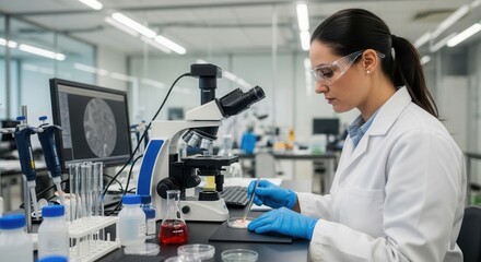 Dedicated female scientist working in a modern laboratory performing an experiment with a