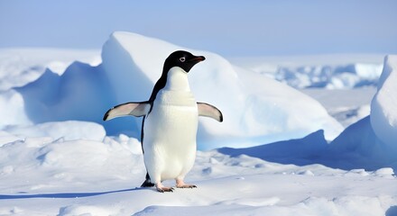 Obraz premium A penguin standing on snow with icebergs behind it
