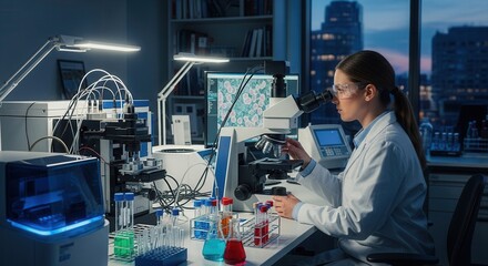 Dedicated female scientist using microscope in modern laboratory with city view at night working