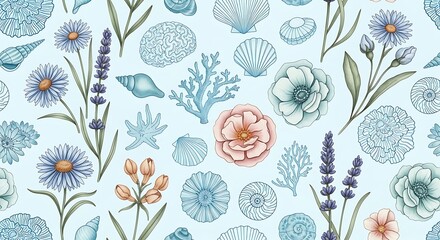 Seamless watercolor pattern with seashells and flowers